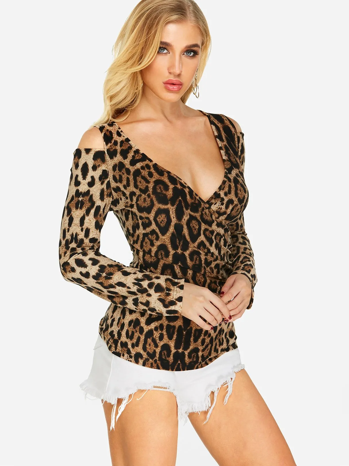 Custom V-Neck Cold Shoulder Leopard Crossed Front Cut Out Long Sleeve Top