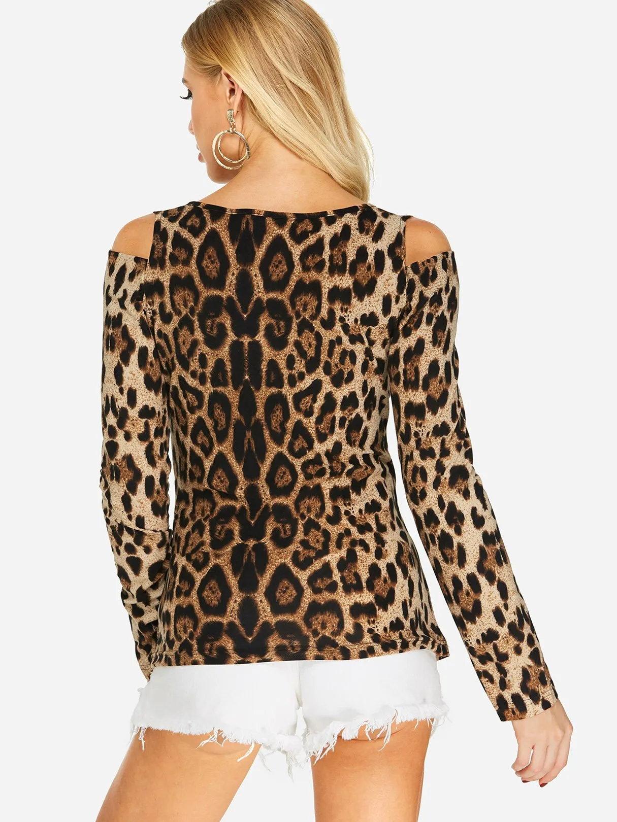Custom V-Neck Cold Shoulder Leopard Crossed Front Cut Out Long Sleeve Top