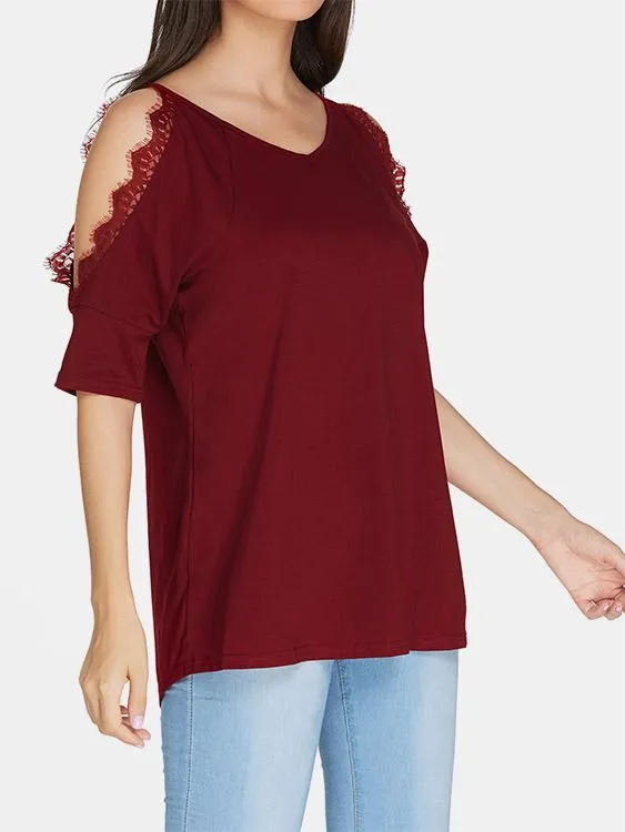 Custom V-Neck Cold Shoulder Plain Crochet Lace Embellished Cut Out Half Sleeve T-Shirts