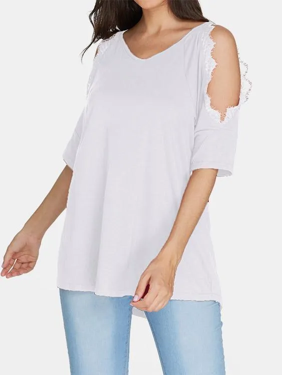 Custom V-Neck Cold Shoulder Plain Crochet Lace Embellished Cut Out Half Sleeve T-Shirts