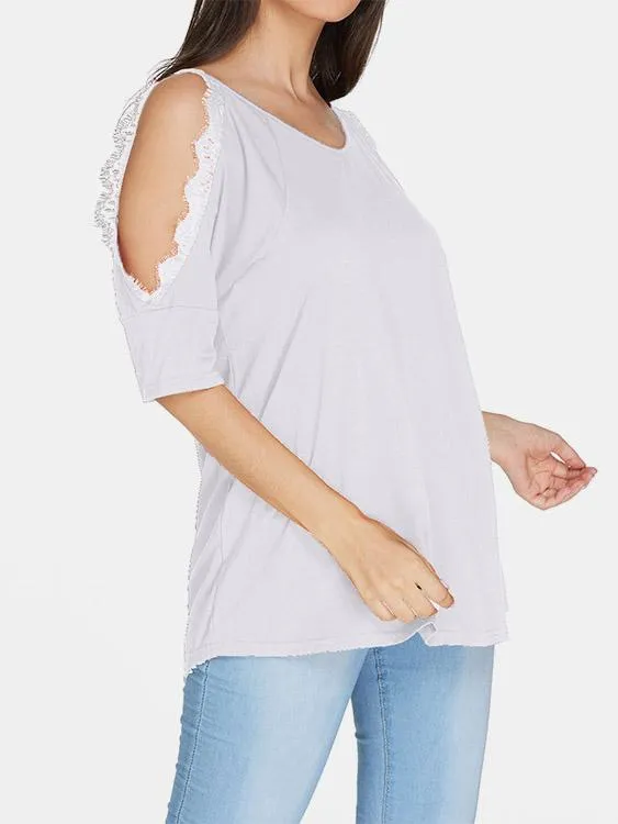 Custom V-Neck Cold Shoulder Plain Crochet Lace Embellished Cut Out Half Sleeve T-Shirts