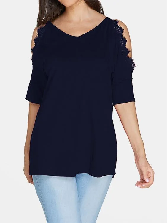 Custom V-Neck Cold Shoulder Plain Crochet Lace Embellished Cut Out Half Sleeve T-Shirts