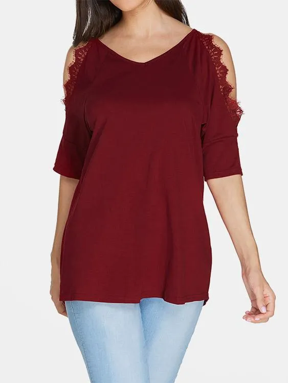 Custom V-Neck Cold Shoulder Plain Crochet Lace Embellished Cut Out Half Sleeve T-Shirts