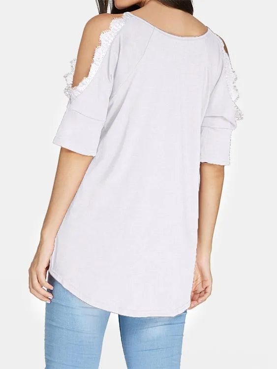 Custom V-Neck Cold Shoulder Plain Crochet Lace Embellished Cut Out Half Sleeve T-Shirts