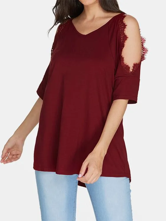 Custom V-Neck Cold Shoulder Plain Crochet Lace Embellished Cut Out Half Sleeve T-Shirts
