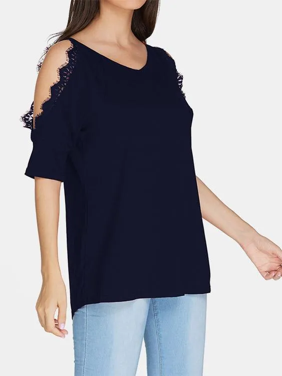 Custom V-Neck Cold Shoulder Plain Crochet Lace Embellished Cut Out Half Sleeve T-Shirts