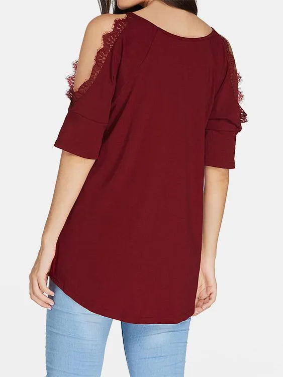 Custom V-Neck Cold Shoulder Plain Crochet Lace Embellished Cut Out Half Sleeve T-Shirts