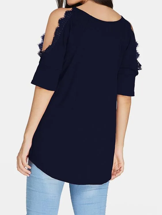 Custom V-Neck Cold Shoulder Plain Crochet Lace Embellished Cut Out Half Sleeve T-Shirts