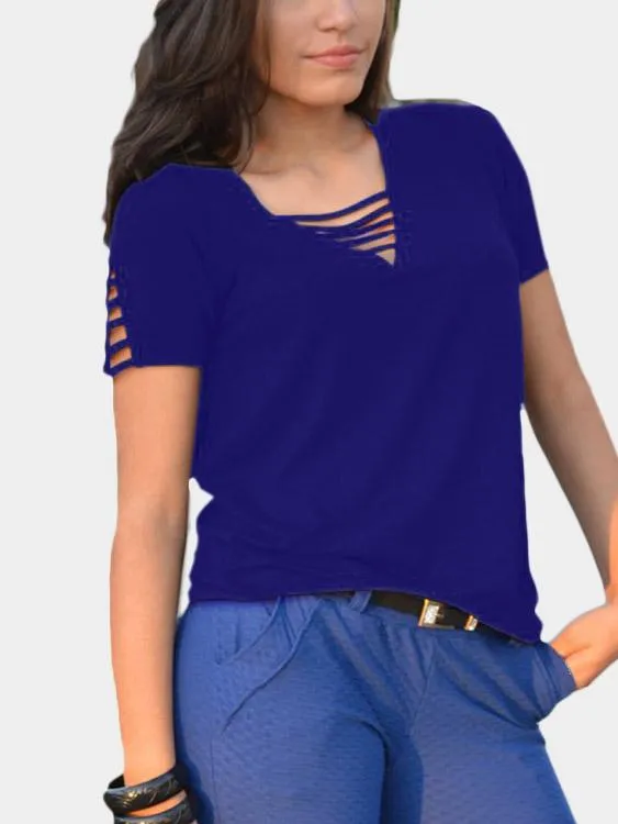 Custom V-Neck Cut Out Short Sleeve Navy T-Shirts