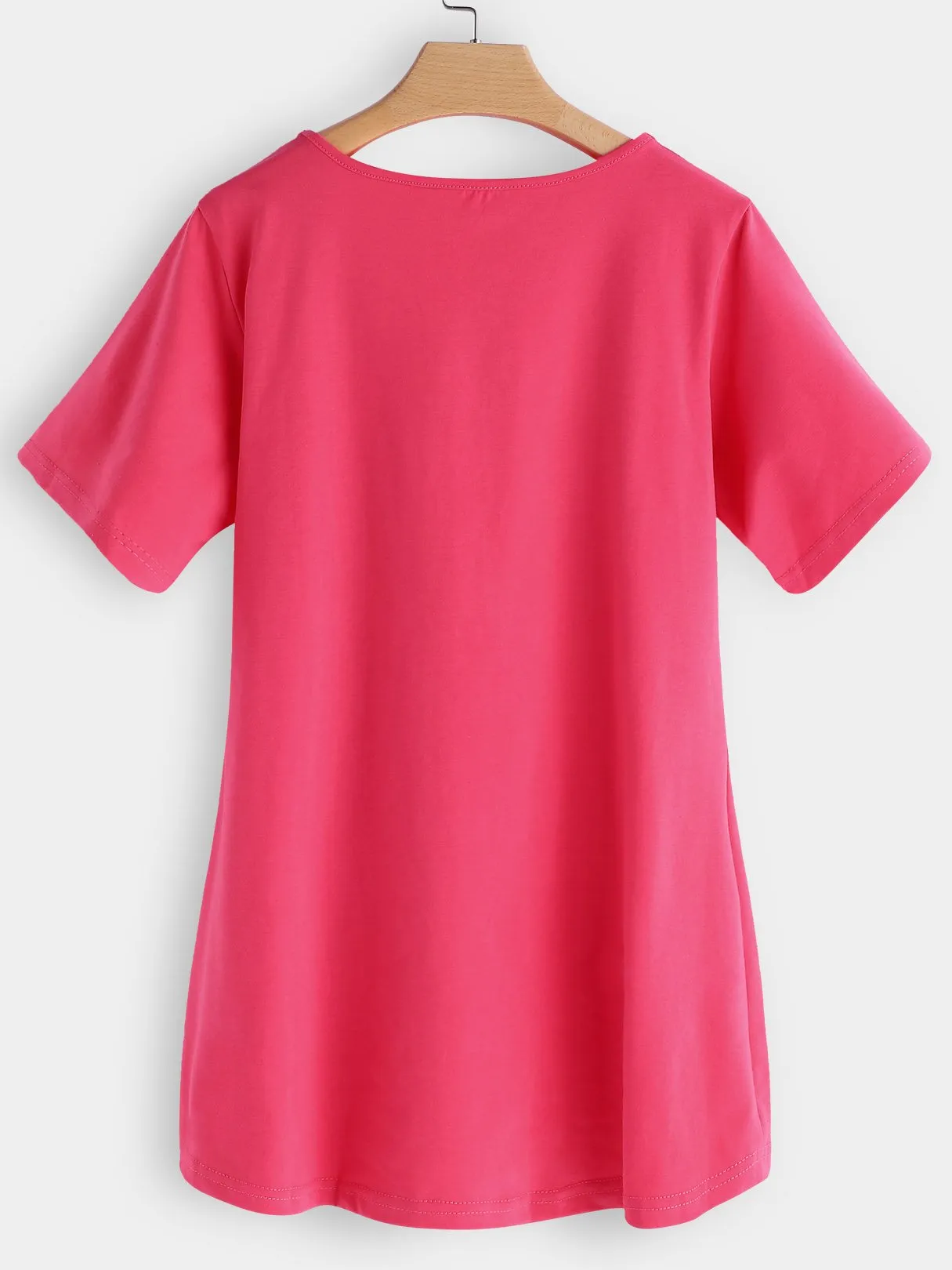 Custom V-Neck Plain Crossed Front Hollow Lace-Up Cut Out Short Sleeve Pink T-Shirts