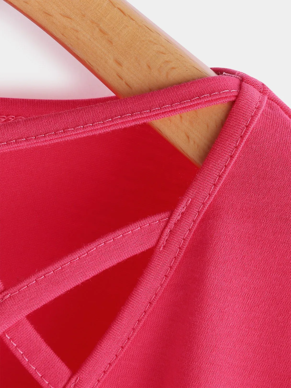 Custom V-Neck Plain Crossed Front Hollow Lace-Up Cut Out Short Sleeve Pink T-Shirts
