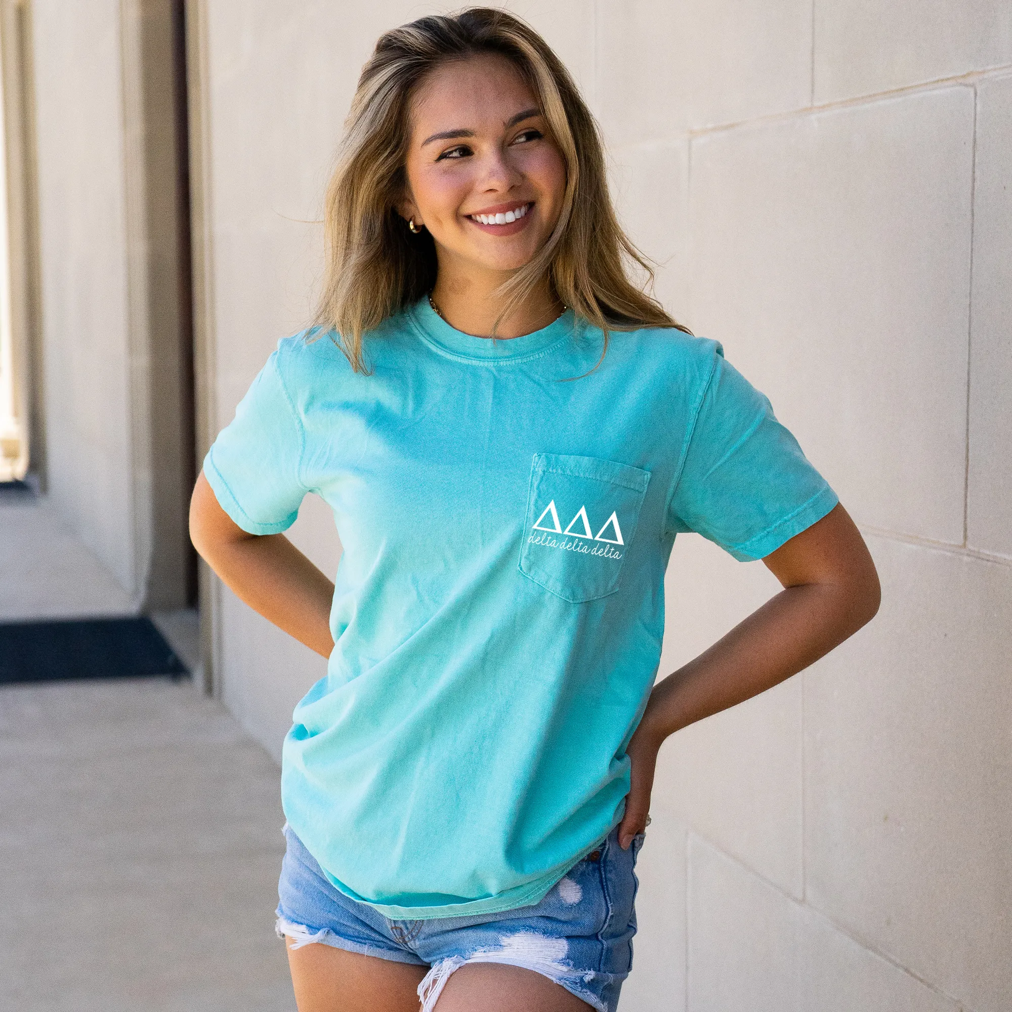 Delta Delta Delta Script Letters Pocket Tee - Mint