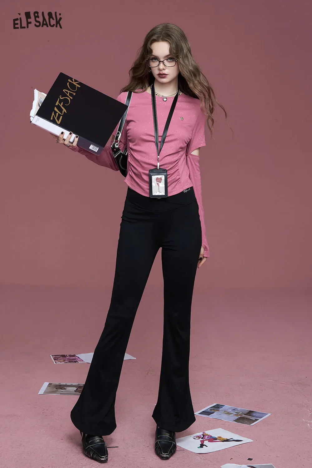 ELFSACK 2024 Autumn New Arrivals Barbie pink pleated shiny detachable long-sleeved hot girl slim T-shirt for women