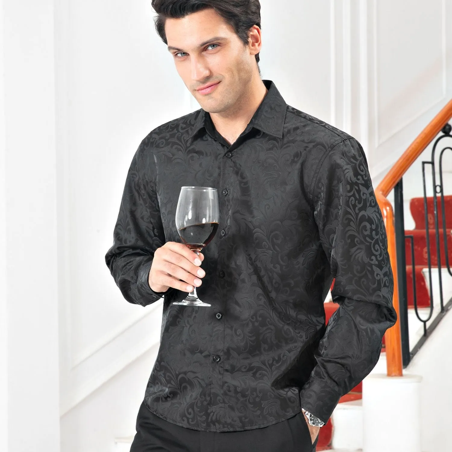 Men's Long Sleeve Shirt With Printing - BLACK-2