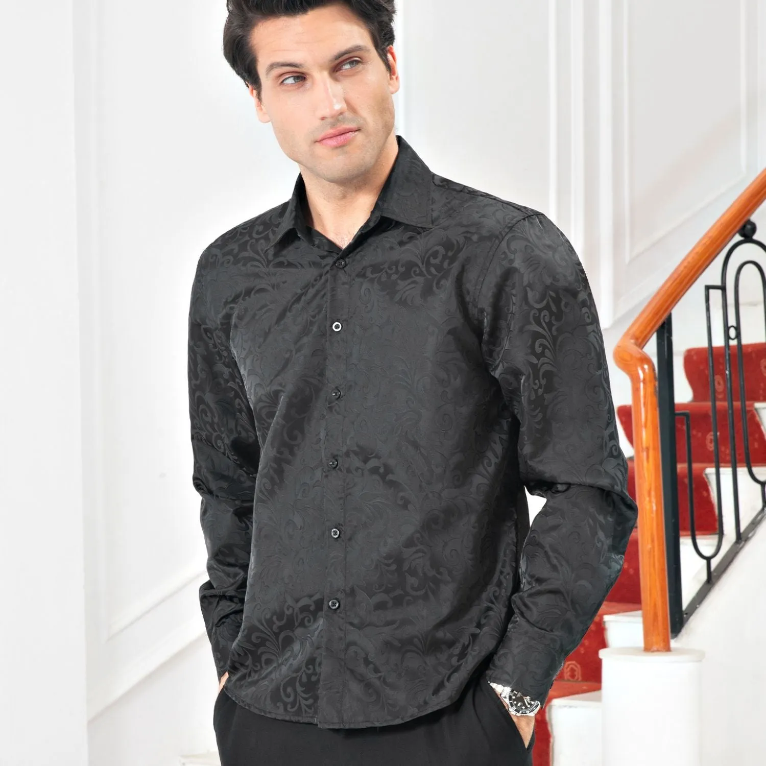 Men's Long Sleeve Shirt With Printing - BLACK-2