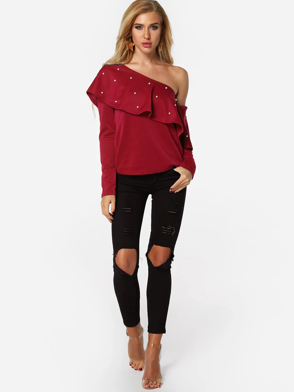 OEM ODM Asymmetrical One Shoulder Plain Handmade Beaded Long Sleeve Flounced Hem Red T-Shirts