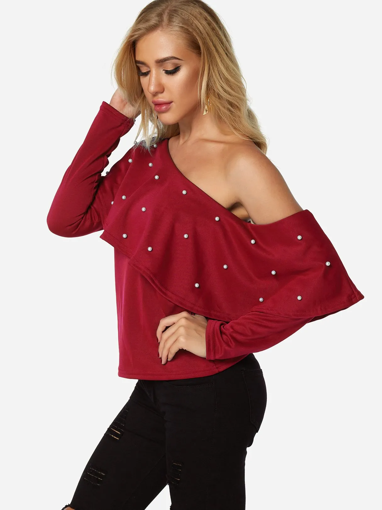 OEM ODM Asymmetrical One Shoulder Plain Handmade Beaded Long Sleeve Flounced Hem Red T-Shirts