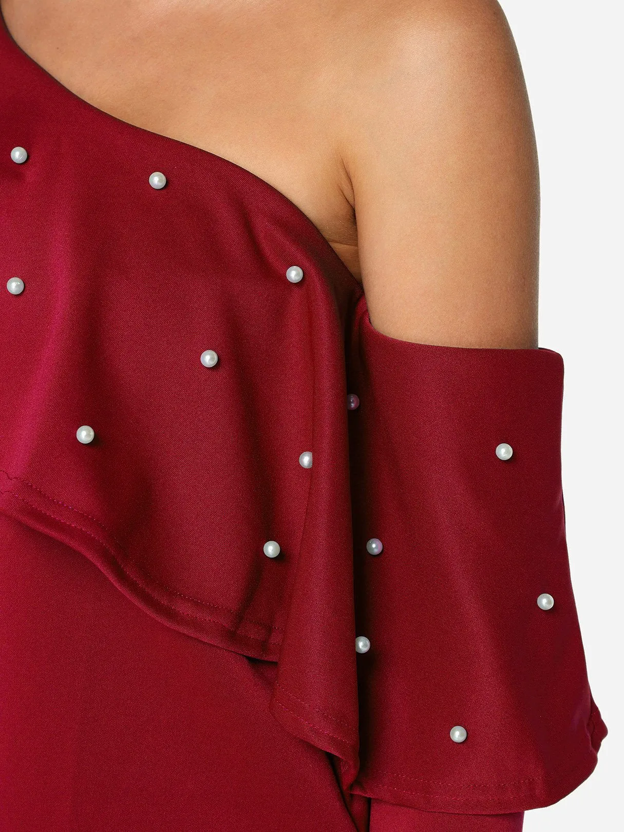 OEM ODM Asymmetrical One Shoulder Plain Handmade Beaded Long Sleeve Flounced Hem Red T-Shirts