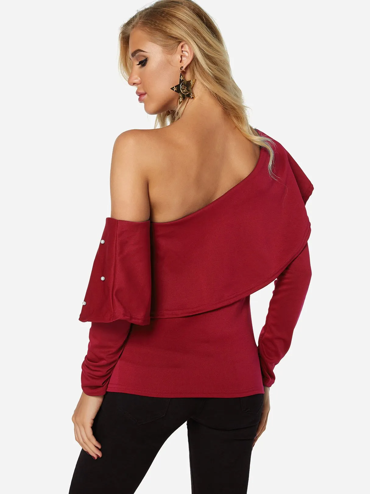 OEM ODM Asymmetrical One Shoulder Plain Handmade Beaded Long Sleeve Flounced Hem Red T-Shirts