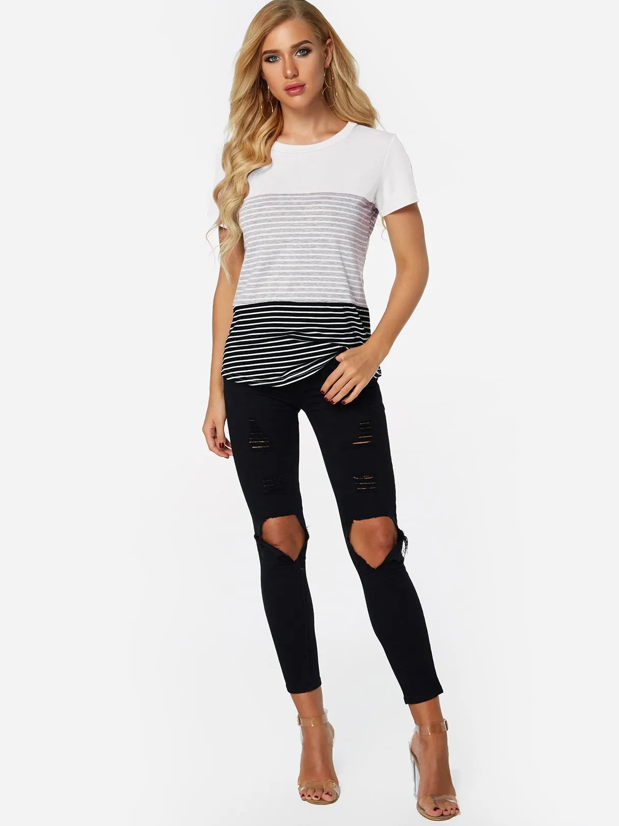 OEM ODM Crew Neck Stripe Short Sleeve White T-Shirts