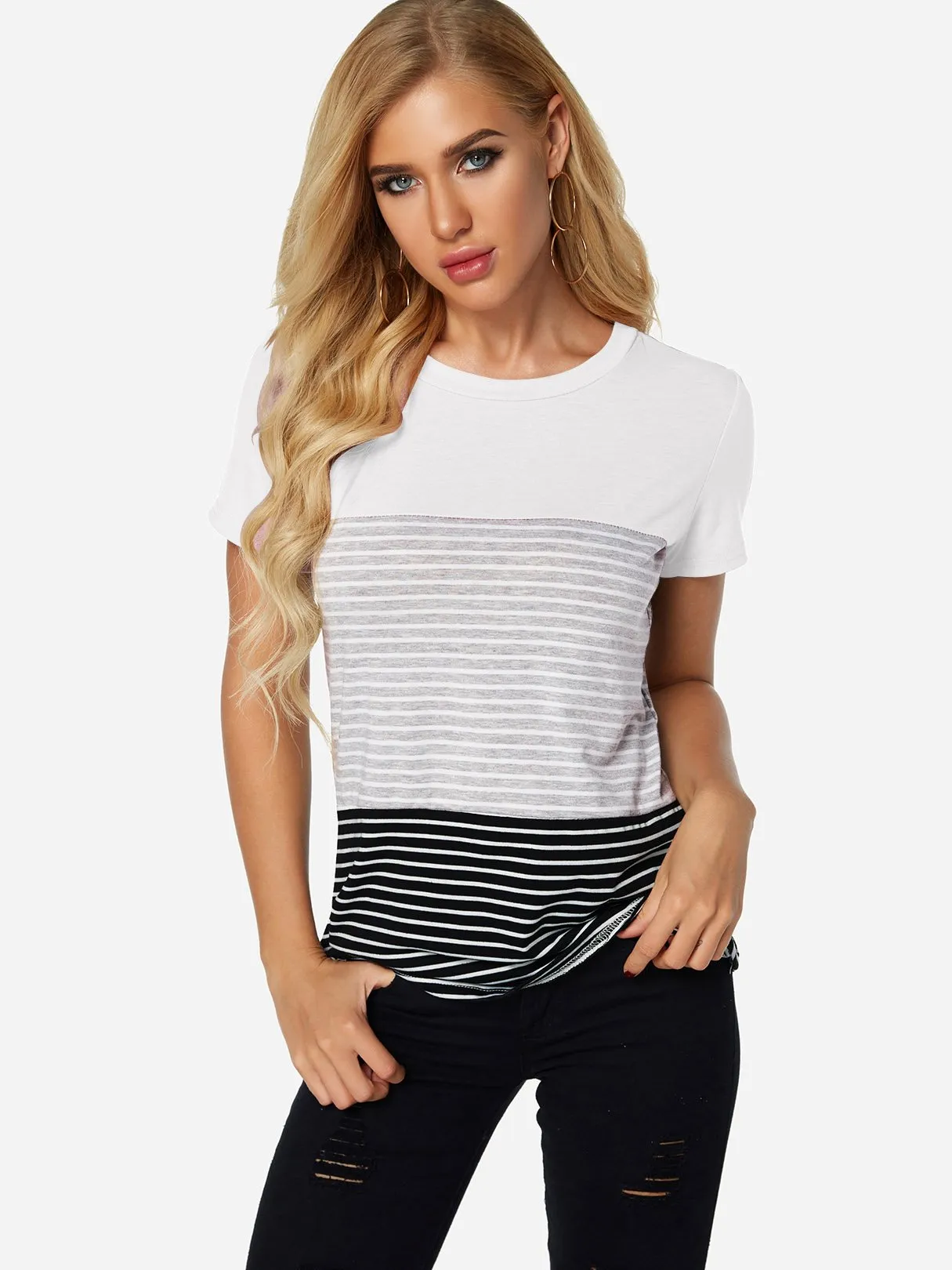 OEM ODM Crew Neck Stripe Short Sleeve White T-Shirts