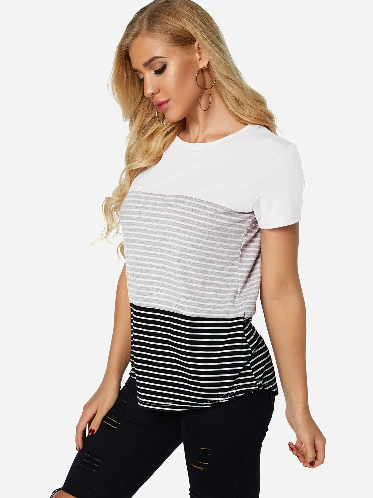 OEM ODM Crew Neck Stripe Short Sleeve White T-Shirts