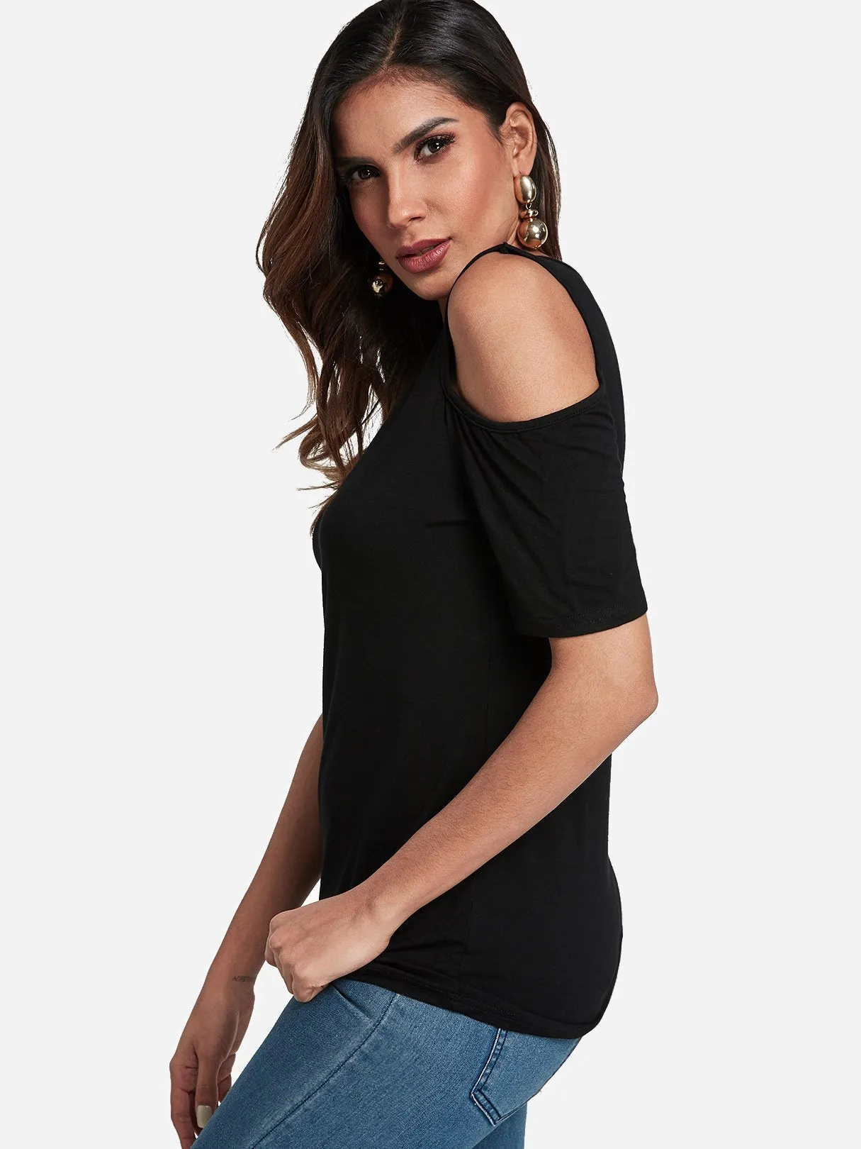 OEM ODM Round Neck Cold Shoulder Plain Cut Out Short Sleeve Black T-Shirts