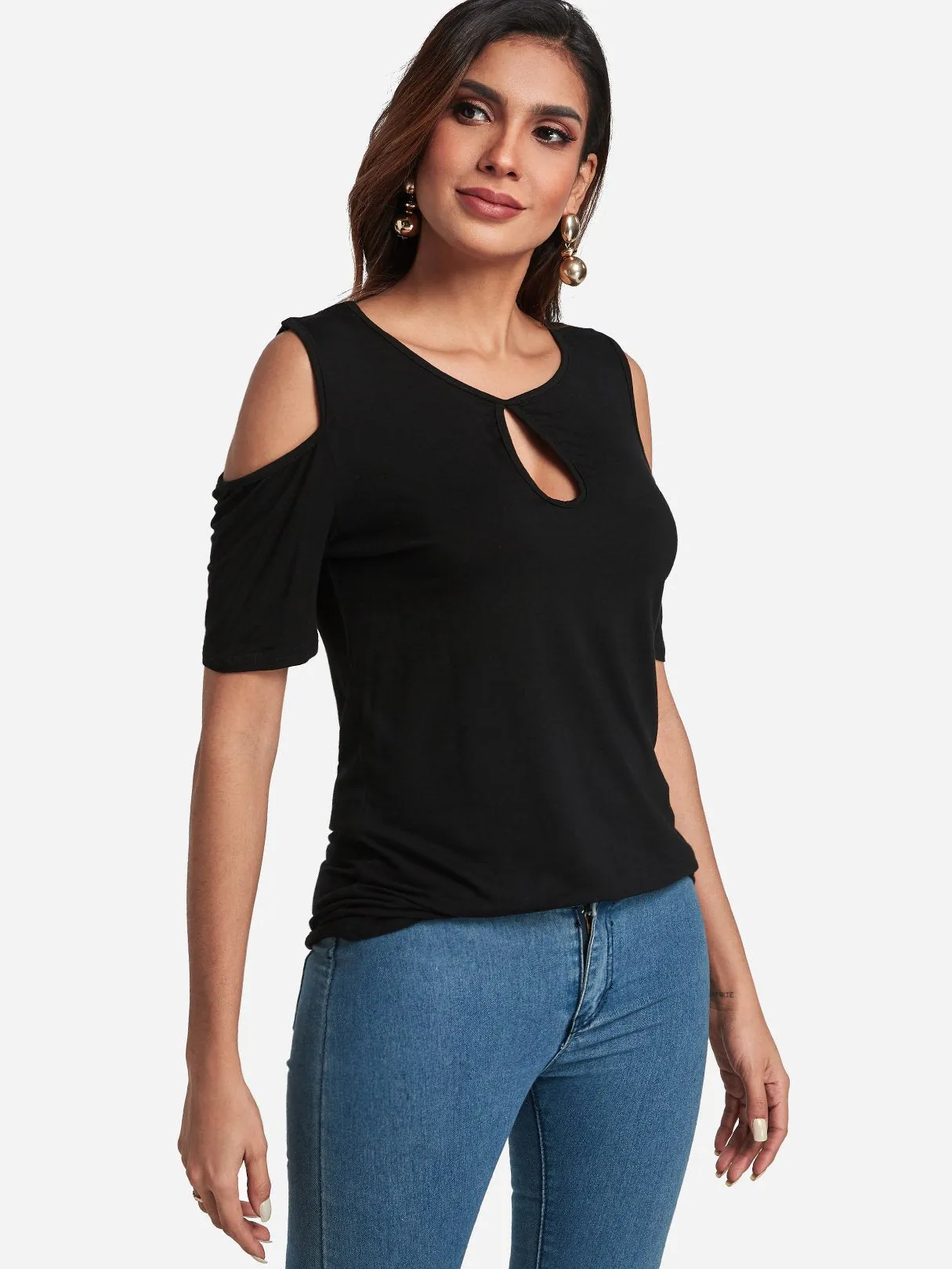 OEM ODM Round Neck Cold Shoulder Plain Cut Out Short Sleeve Black T-Shirts