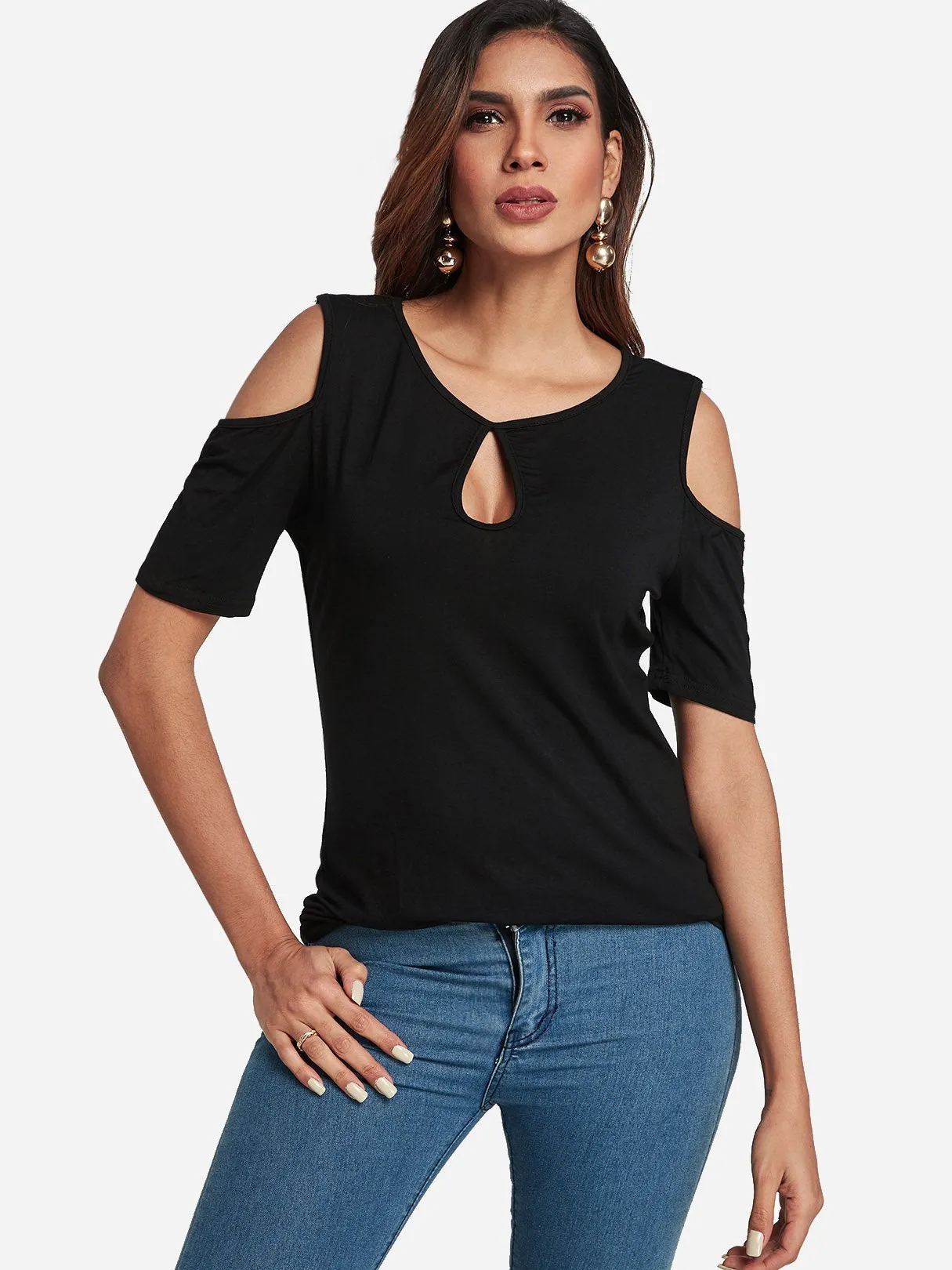 OEM ODM Round Neck Cold Shoulder Plain Cut Out Short Sleeve Black T-Shirts