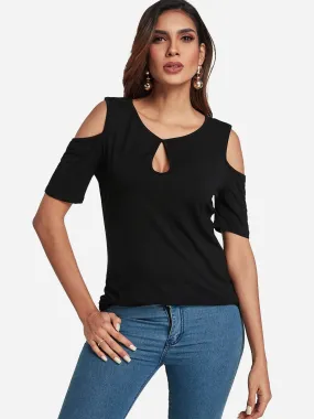 OEM ODM Round Neck Cold Shoulder Plain Cut Out Short Sleeve Black T-Shirts