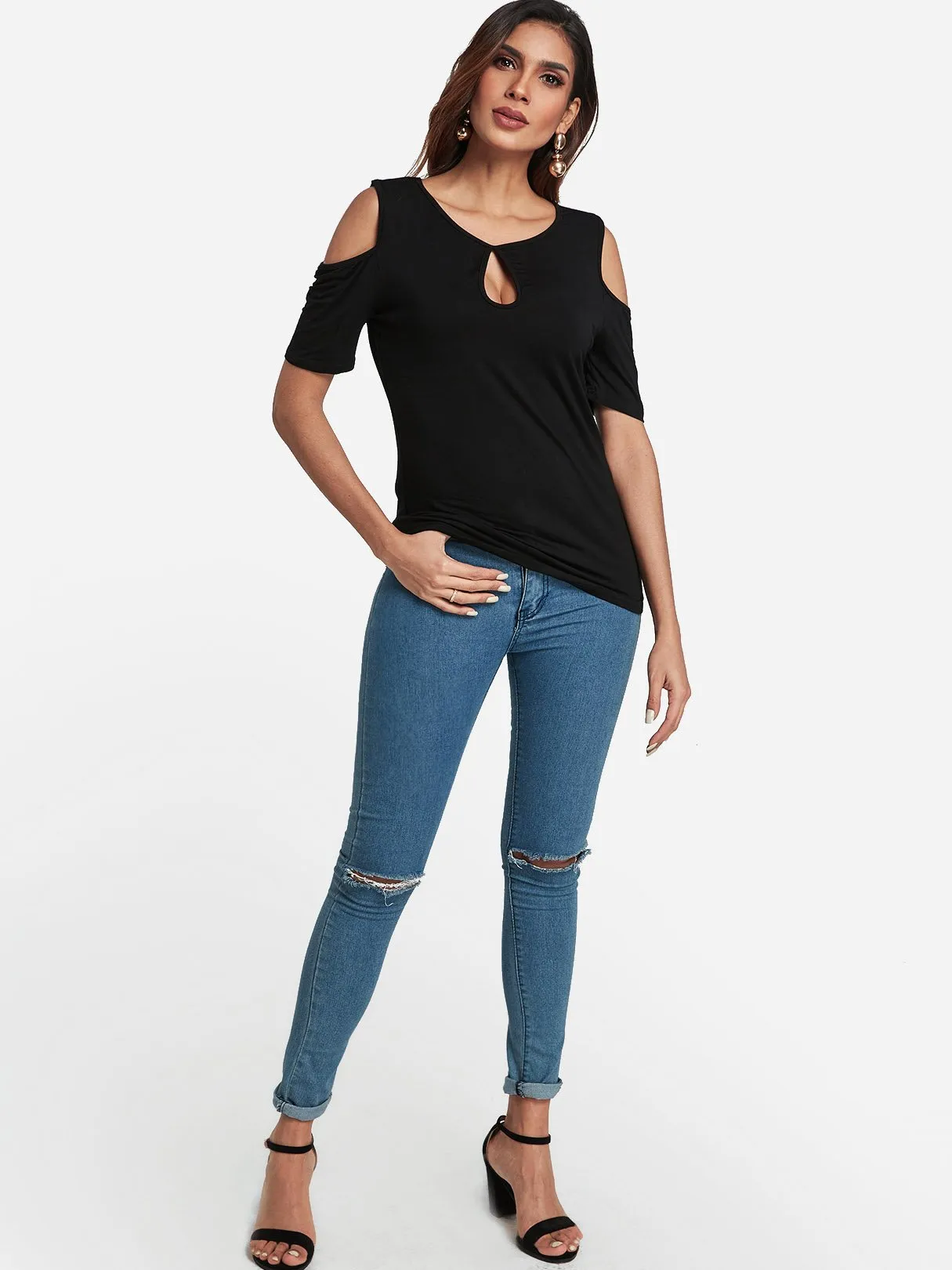 OEM ODM Round Neck Cold Shoulder Plain Cut Out Short Sleeve Black T-Shirts