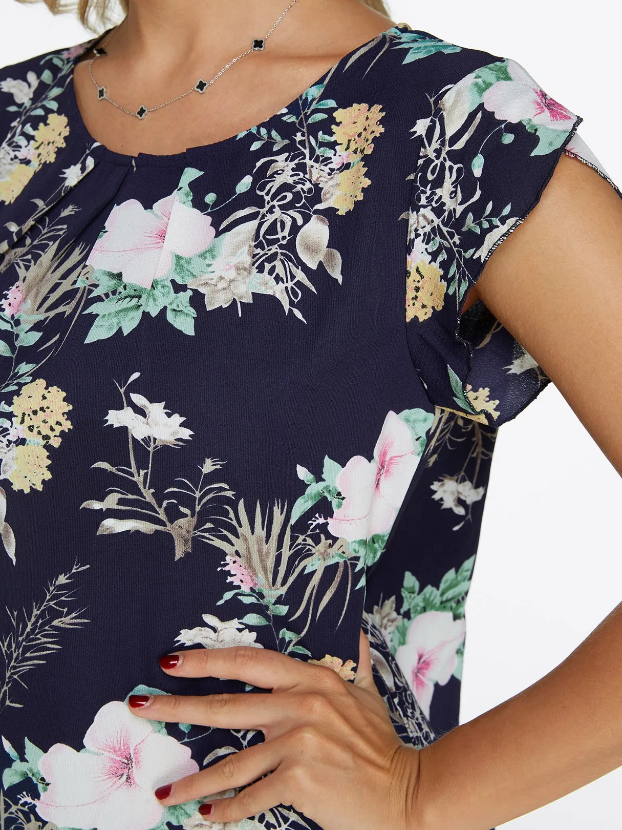 OEM ODM Round Neck Floral Print Short Sleeve Navy T-Shirts