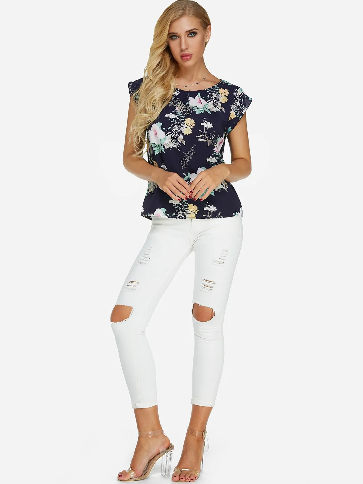 OEM ODM Round Neck Floral Print Short Sleeve Navy T-Shirts