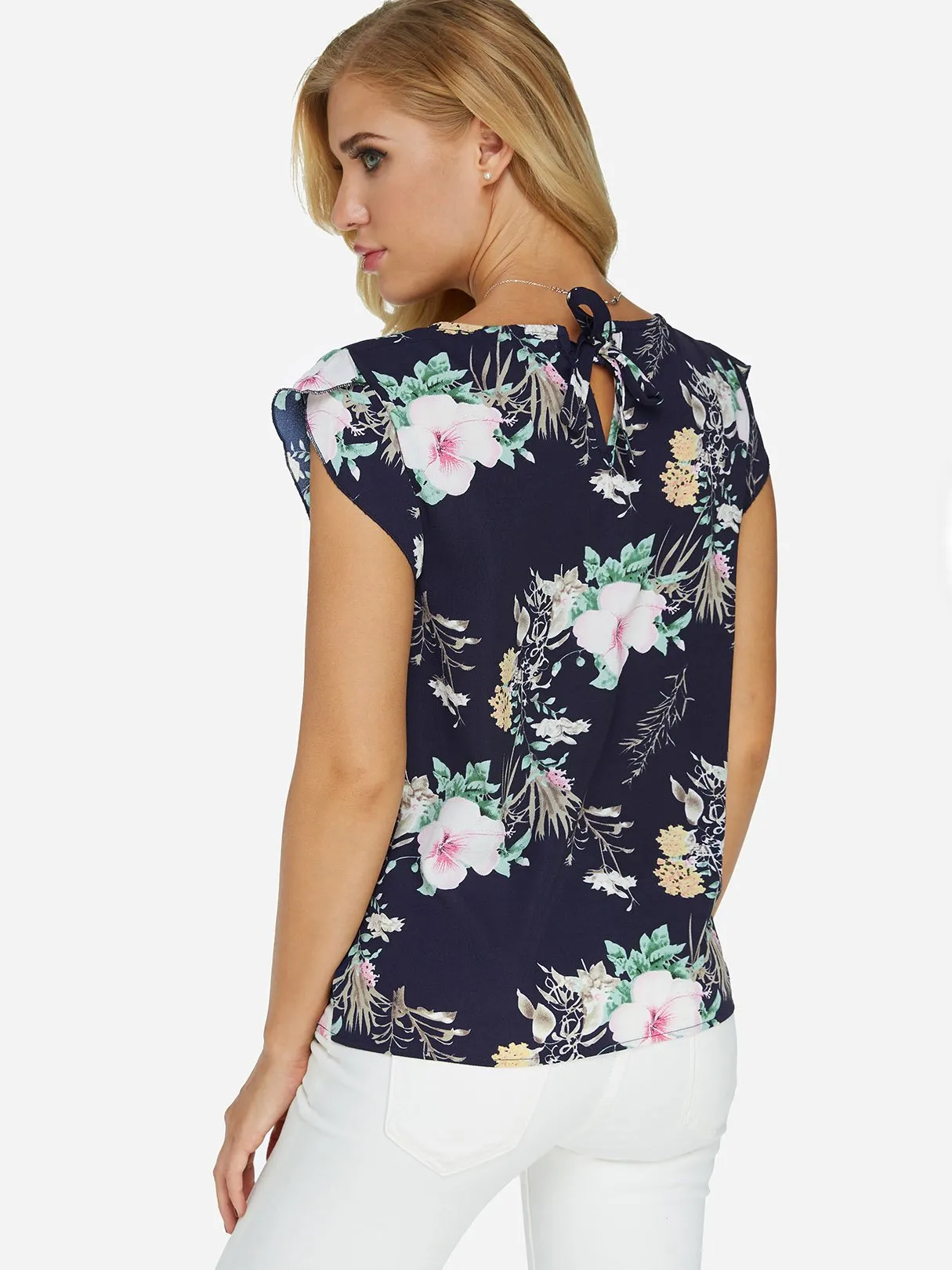 OEM ODM Round Neck Floral Print Short Sleeve Navy T-Shirts