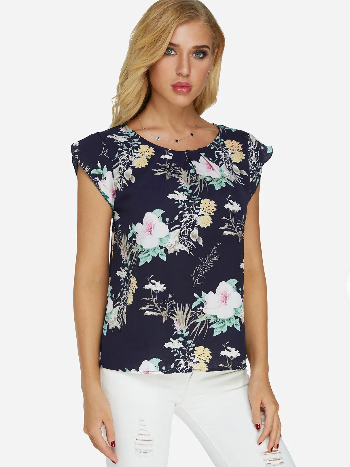 OEM ODM Round Neck Floral Print Short Sleeve Navy T-Shirts