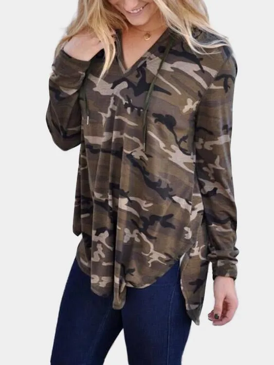 OEM ODM V-Neck Camouflage Hooded Long Sleeve Curved Hem Camouflage T-Shirts