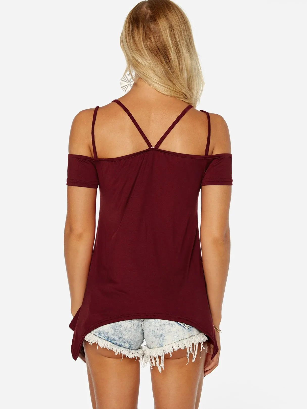 OEM ODM V-Neck Cold Shoulder Plain Cut Out Short Sleeve Irregular Hem Burgundy Top