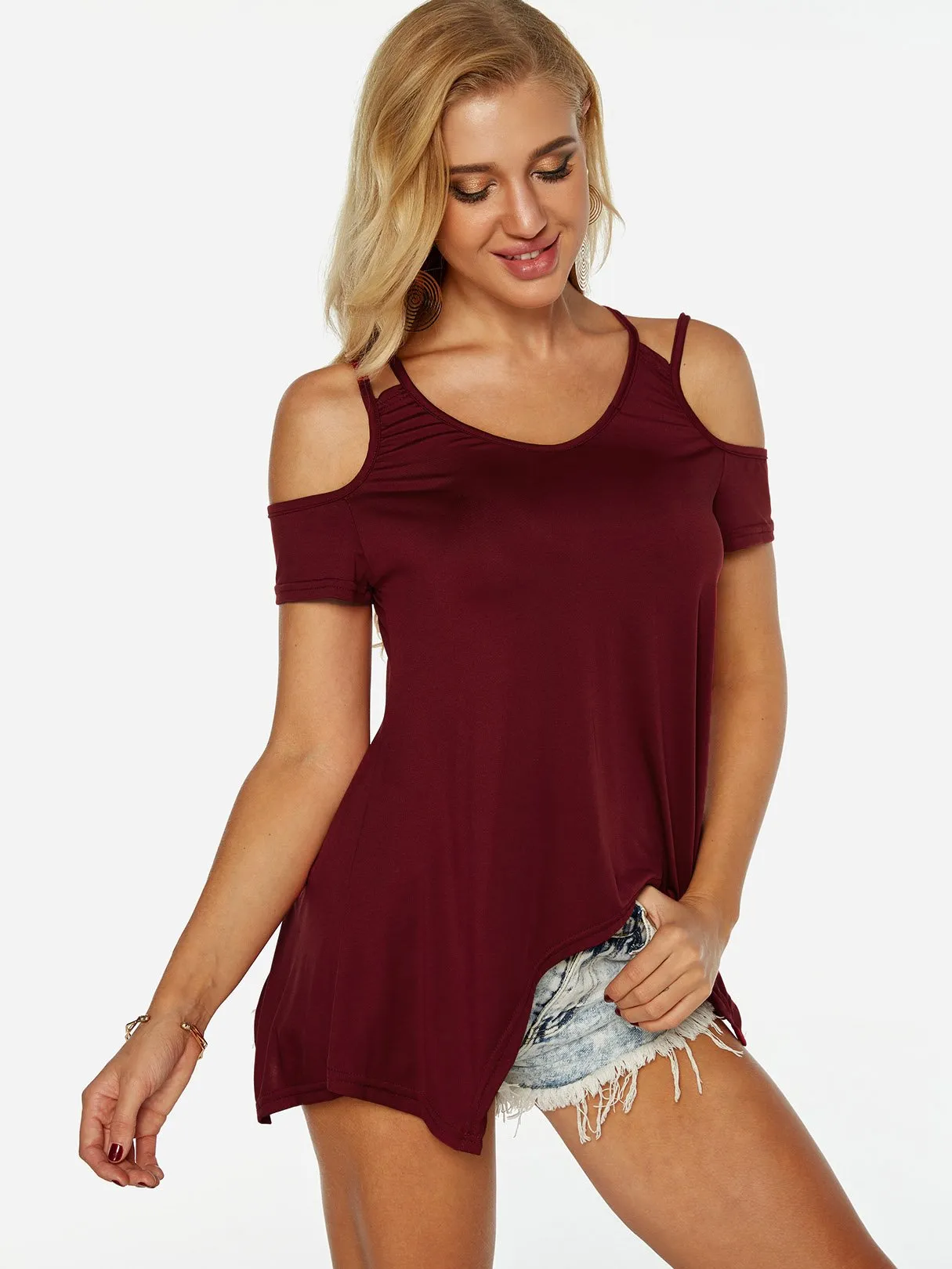 OEM ODM V-Neck Cold Shoulder Plain Cut Out Short Sleeve Irregular Hem Burgundy Top