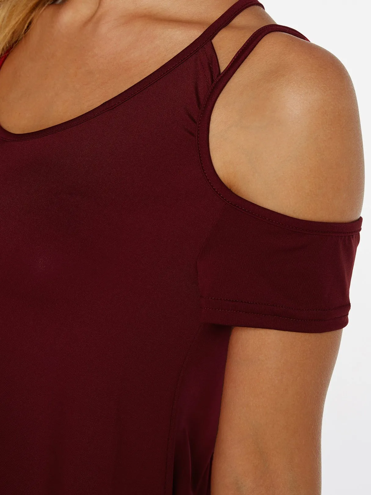 OEM ODM V-Neck Cold Shoulder Plain Cut Out Short Sleeve Irregular Hem Burgundy Top