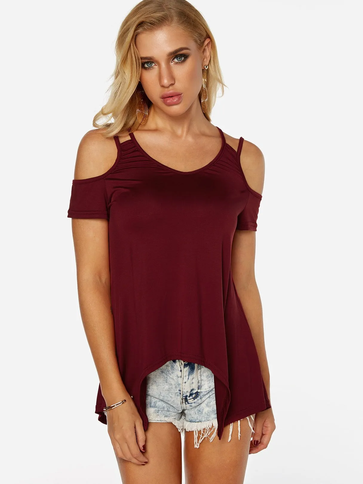 OEM ODM V-Neck Cold Shoulder Plain Cut Out Short Sleeve Irregular Hem Burgundy Top