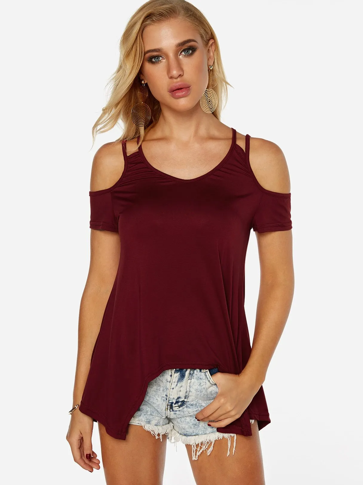 OEM ODM V-Neck Cold Shoulder Plain Cut Out Short Sleeve Irregular Hem Burgundy Top