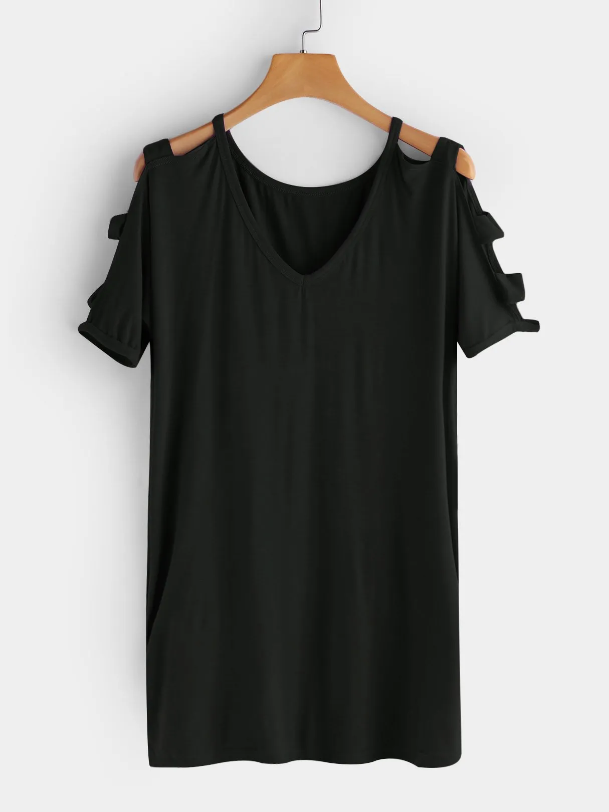 OEM ODM V-Neck Cold Shoulder Plain Hollow Cut Out Pleated Short Sleeve T-Shirts