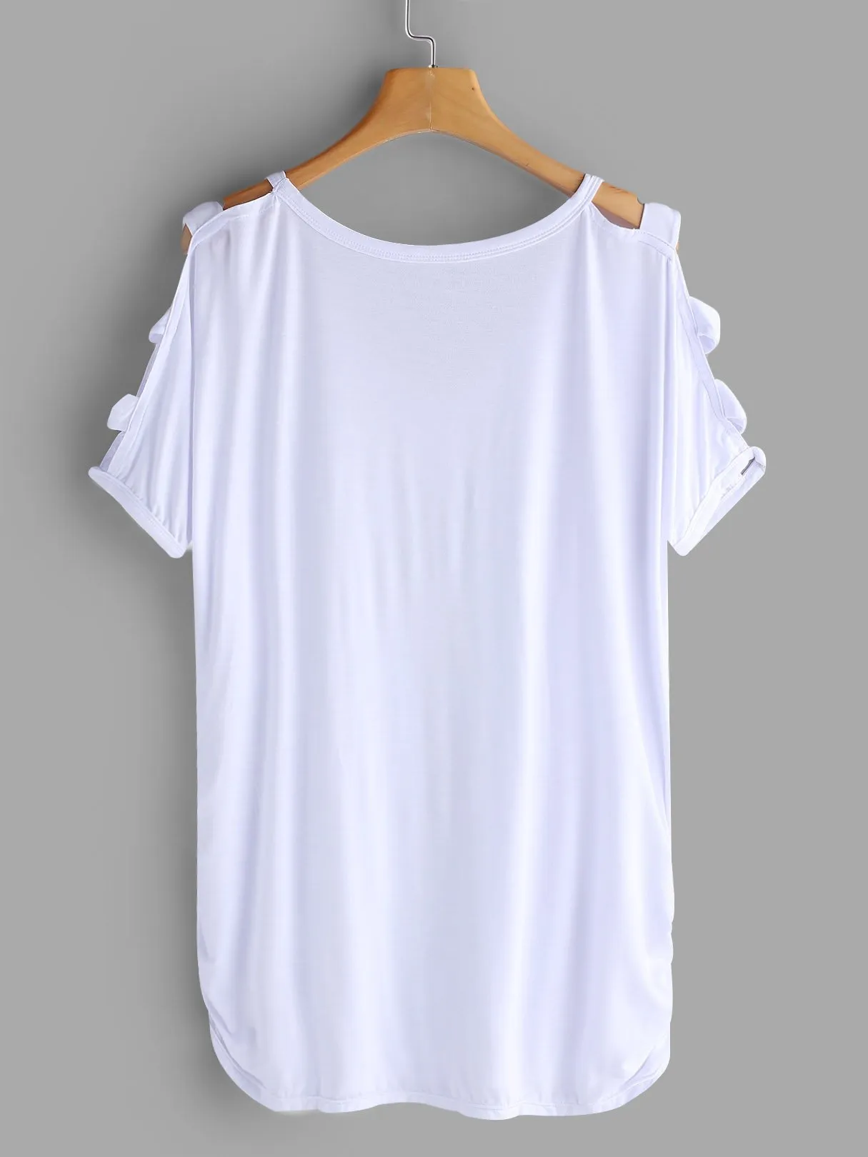 OEM ODM V-Neck Cold Shoulder Plain Hollow Cut Out Pleated Short Sleeve T-Shirts