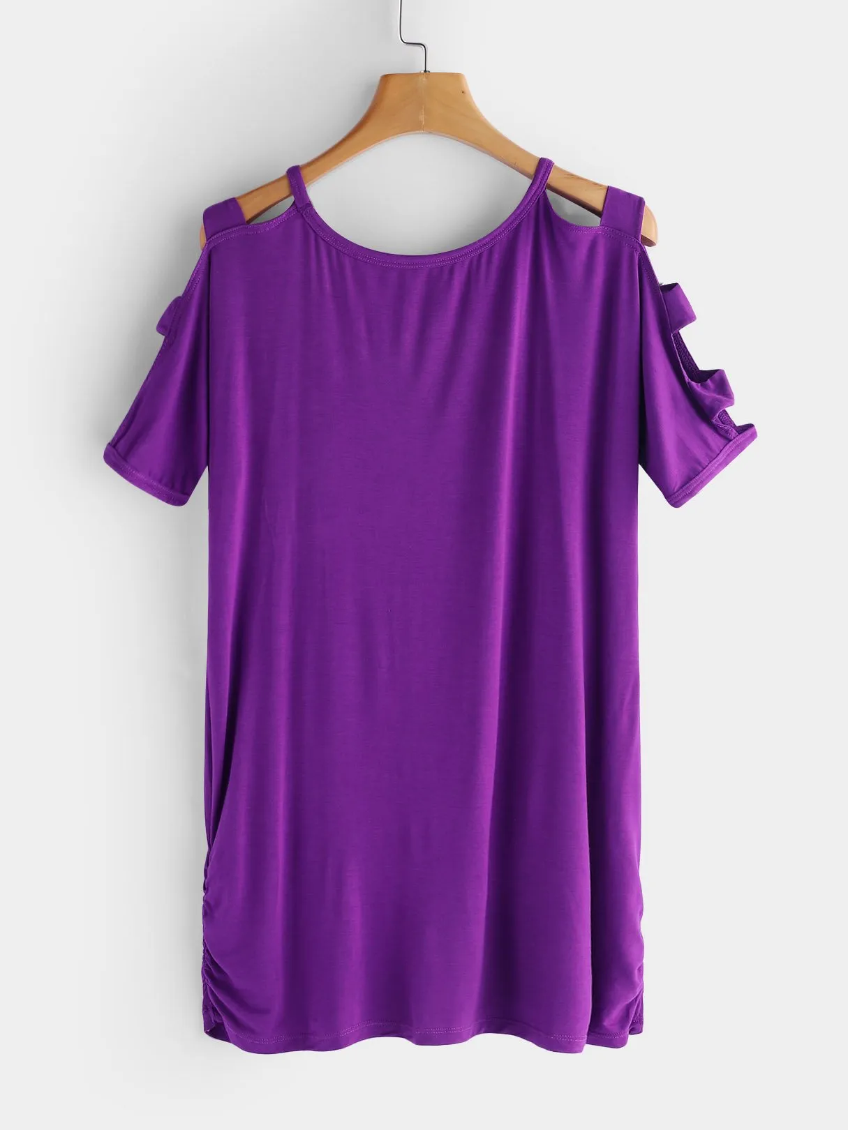 OEM ODM V-Neck Cold Shoulder Plain Hollow Cut Out Pleated Short Sleeve T-Shirts