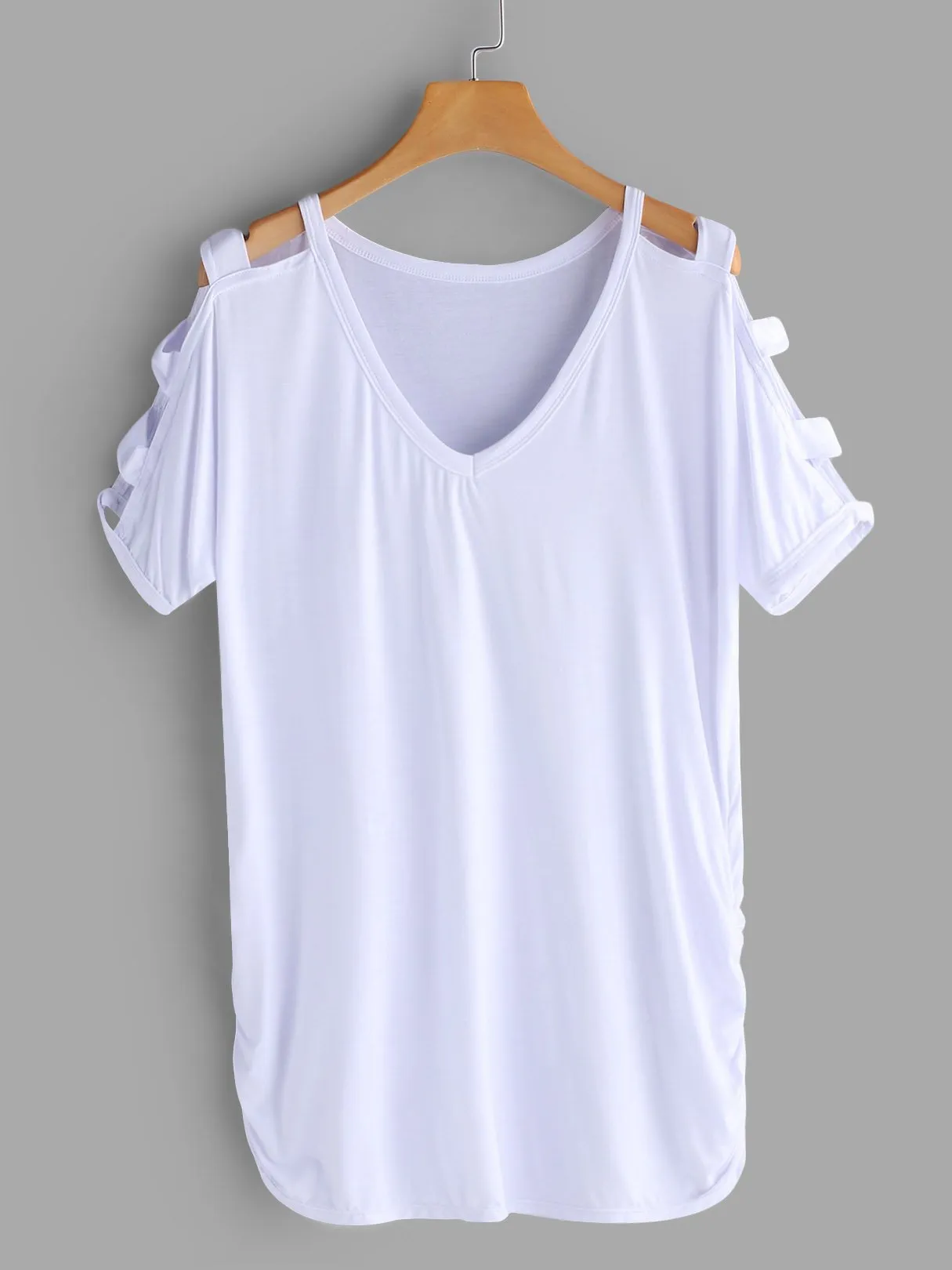 OEM ODM V-Neck Cold Shoulder Plain Hollow Cut Out Pleated Short Sleeve T-Shirts