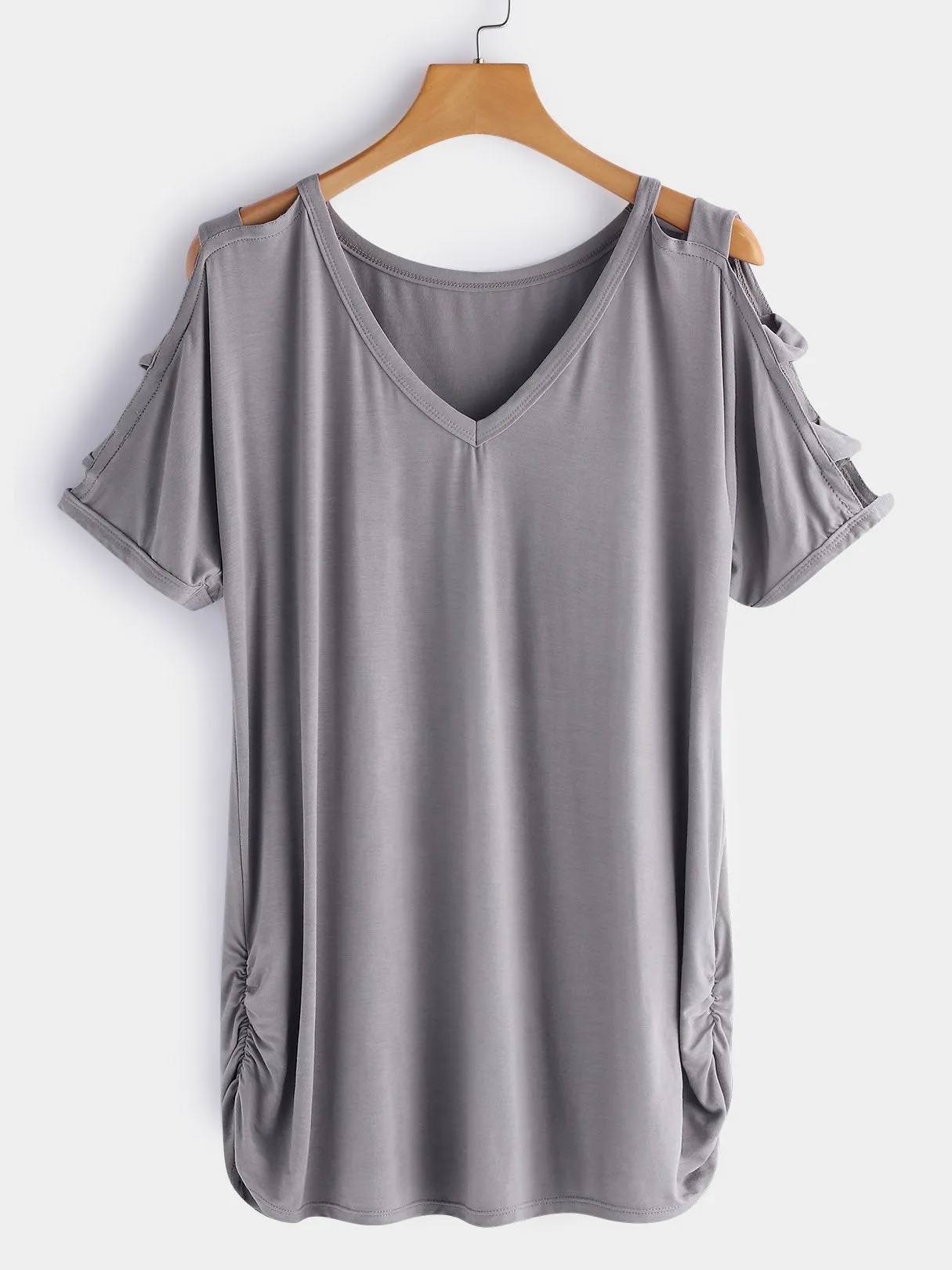 OEM ODM V-Neck Cold Shoulder Plain Hollow Cut Out Pleated Short Sleeve T-Shirts