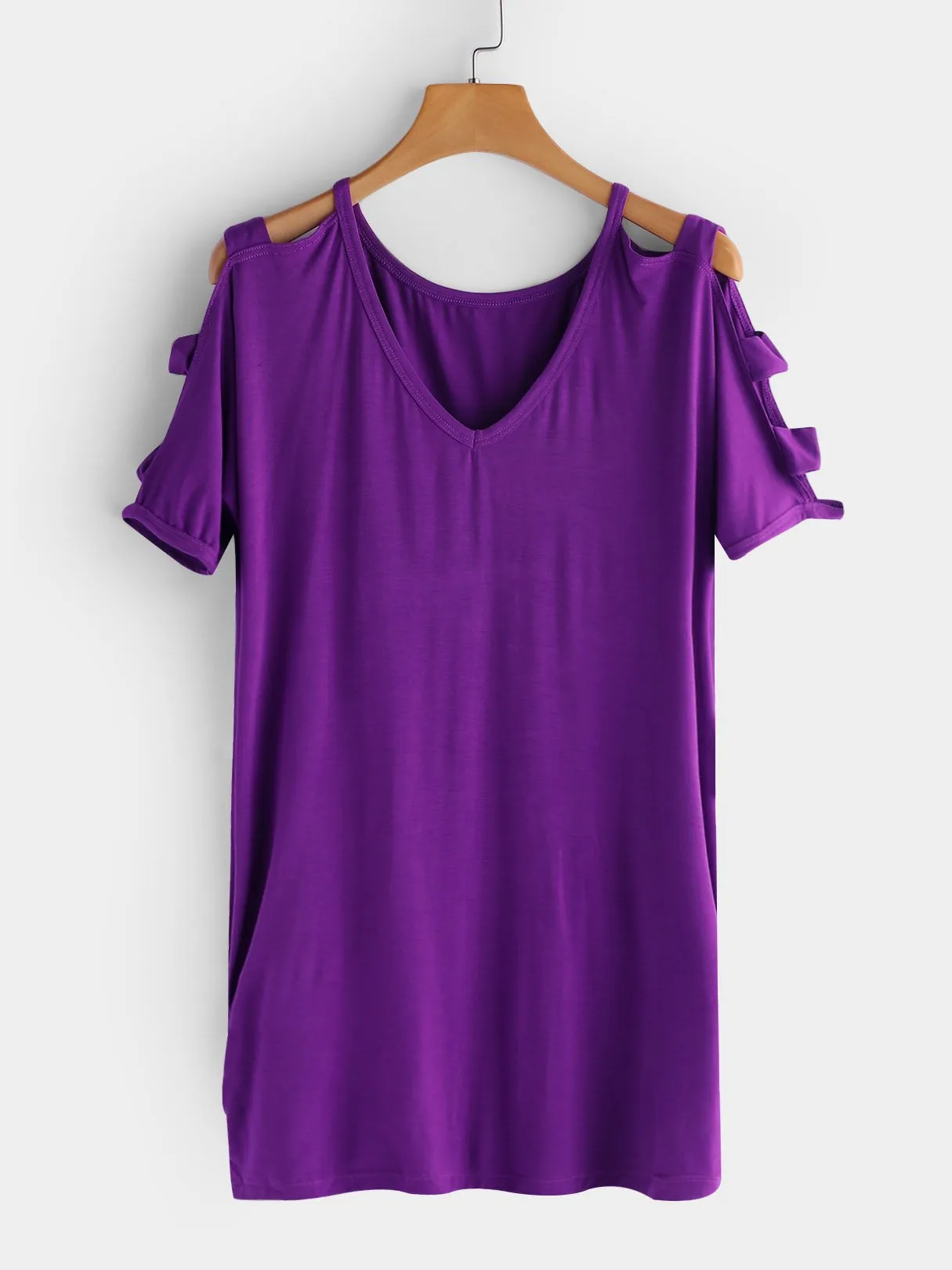 OEM ODM V-Neck Cold Shoulder Plain Hollow Cut Out Pleated Short Sleeve T-Shirts