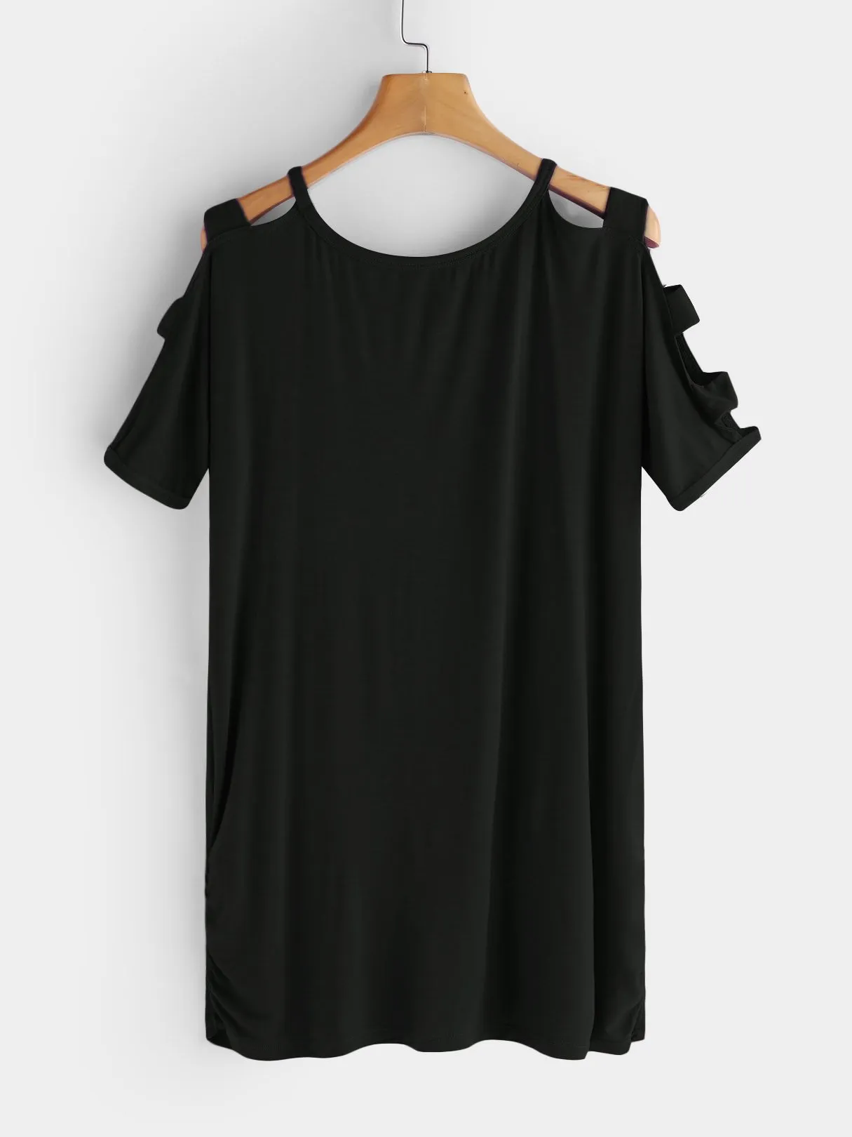 OEM ODM V-Neck Cold Shoulder Plain Hollow Cut Out Pleated Short Sleeve T-Shirts