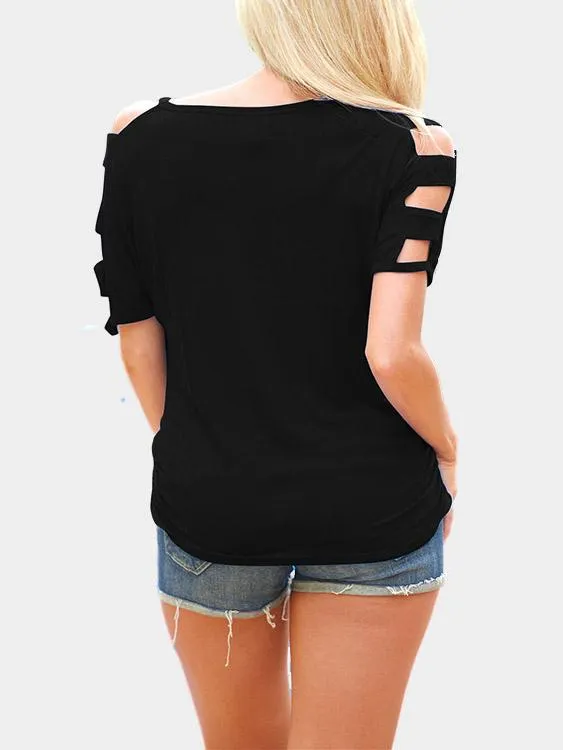 OEM ODM V-Neck Plain Cut Out Short Sleeve Black T-Shirts