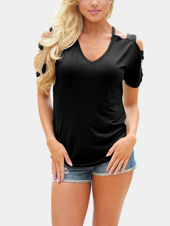 OEM ODM V-Neck Plain Cut Out Short Sleeve Black T-Shirts